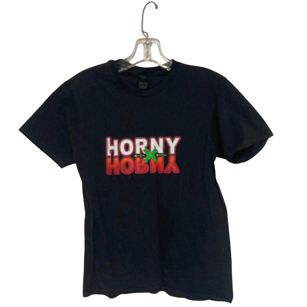 Gildan Graphic Tee Women Small Black HxH Text Mirrored Streetwear